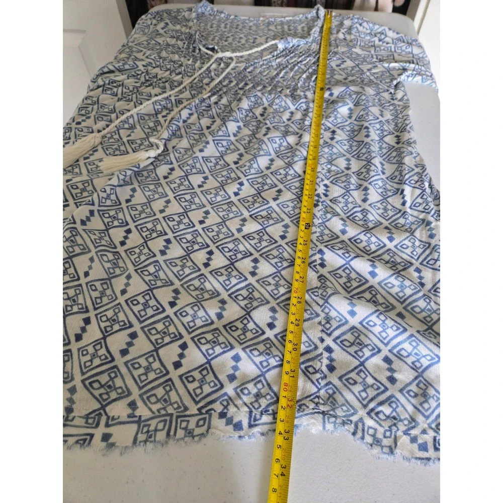 Free People Blue White Pintuck Tassels Boho Mini Dress Large Oversized Lace Cuff